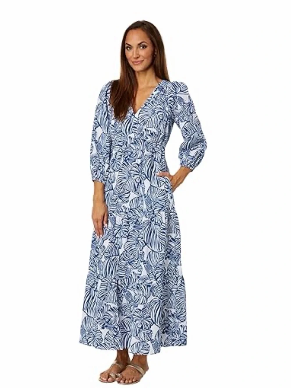 Lilly Pulitzer Deacon 3/4 Sleeve V-Neck Aegean Navy Beach Path Size 8 - Picture 1 of 8